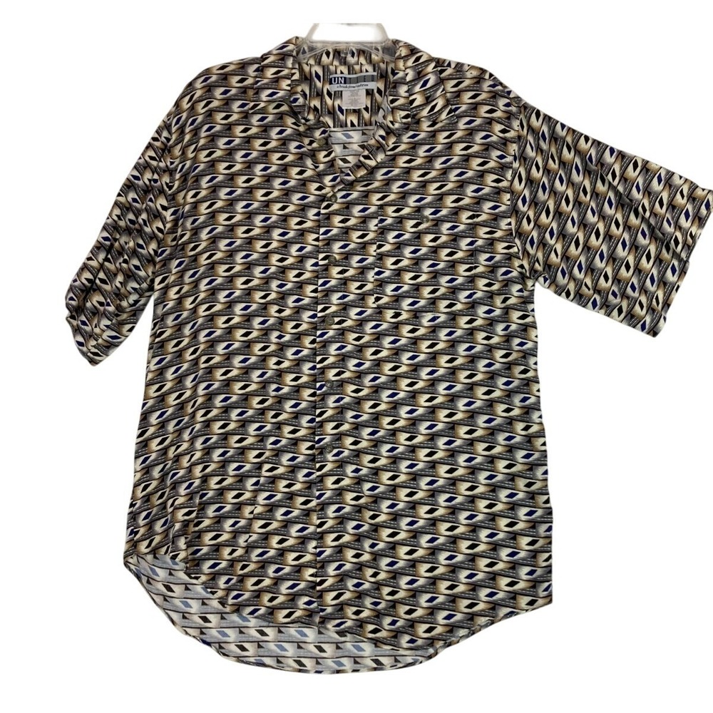 Vintage United Men's Abstract Design Button Up Short Sleeve Size Large‎ Pocket